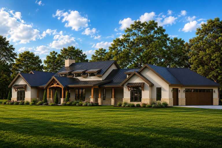 Beige Craftsman, Angled Front Elevation, stucco and stone siding, metal roof, timber accents, lush lawn, wall sconces. House Plan # 3822-00022 Digital Rendering by America's Best House Plans, Inc.