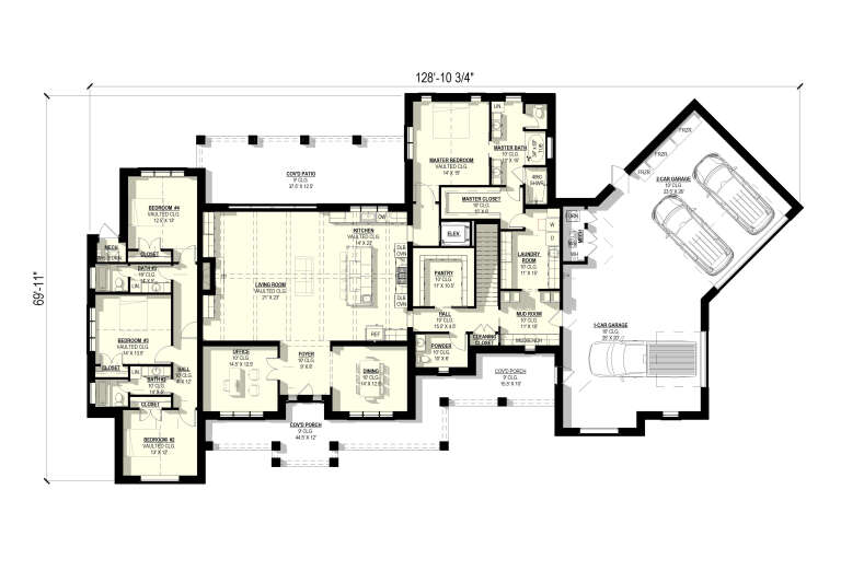 Main Floor: 4BR, 3.5BA, Office, Vaulted Living/Kitchen, Dining, Pantry, Ldry, Mud, 3-car garage, 2 Cov'd Porches, Cov'd Patio. House Plan # 3822-00022 Main Floor  Floor Plan Drawing by America's Best House Plans, Inc.
