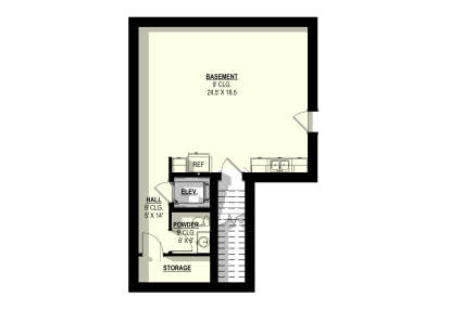 Basement: Open rec area, kitchenette, elevator, powder room, hall, storage, stairs. 9' ceilings throughout. House Plan # 3822-00022 Basement Floor Plan Drawing by America's Best House Plans, Inc.