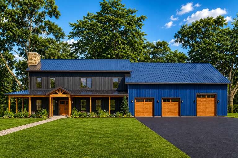 Black and Blue Barndominium, Front Elevation with metal siding, wood accents, stone chimney, and three garage doors. House Plan # 3822-00023 Digital Rendering by America's Best House Plans, Inc.