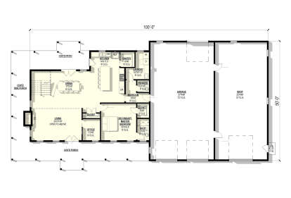 Main Floor: 1BR, 1.5BA, Living (open to above), Dining, Kitchen, Pantry, Office, Ldry, Mudroom, 2-car garage, Shop, 2 Porches. House Plan # 3822-00023 Main Floor  Floor Plan Drawing by America's Best House Plans, Inc.