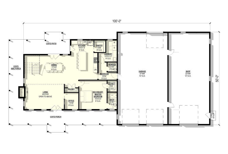 Main Floor: 1BR, 1.5BA, Living (open to above), Dining, Kitchen, Pantry, Office, Ldry, Mudroom, 2-car garage, Shop, 2 Porches. House Plan # 3822-00023 Main Floor  Floor Plan Drawing by America's Best House Plans, Inc.