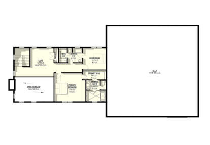 Second Floor: 2BR, 2BA, Loft, Attic, 2 WIC, stairs. Vaulted ceilings in Loft, Attic, and Open to Below area. House Plan # 3822-00023 Second Floor Floor Plan Drawing by America's Best House Plans, Inc.