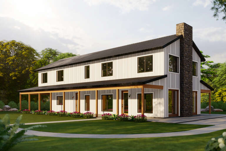 White Barndominium, Angled Front Elevation, metal siding, stone chimney, wood porch, lush landscaping, concrete walkway. House Plan # 3822-00024 Digital Rendering by America's Best House Plans, Inc.