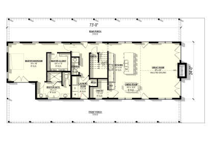 Main Floor: 1BR, 1.5BA, Vaulted Great Room, Kitchen, Dining, Pantry, Ldry, WIC, Stairs, Fireplace, Front & Rear Porches. House Plan # 3822-00024 Main Floor  Floor Plan Drawing by America's Best House Plans, Inc.