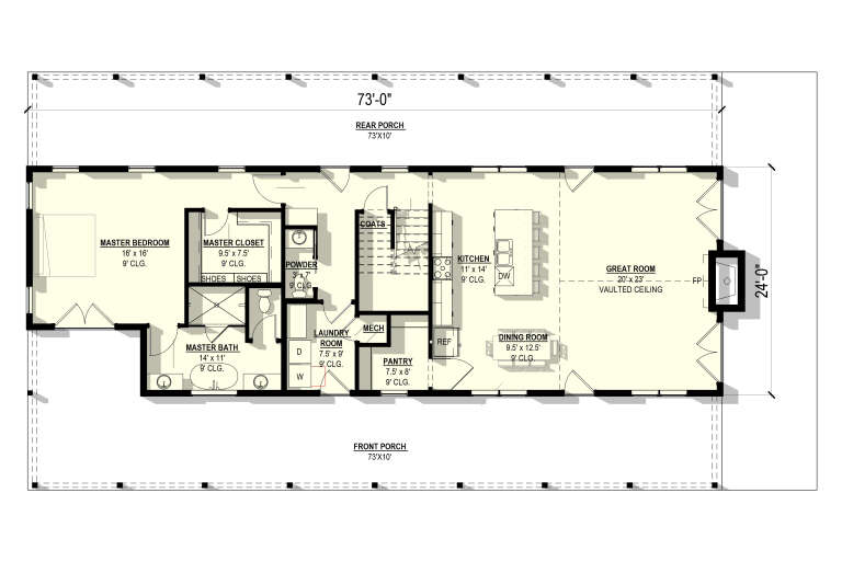 Main Floor: 1BR, 1.5BA, Vaulted Great Room, Kitchen, Dining, Pantry, Ldry, WIC, Stairs, Fireplace, Front & Rear Porches. House Plan # 3822-00024 Main Floor  Floor Plan Drawing by America's Best House Plans, Inc.