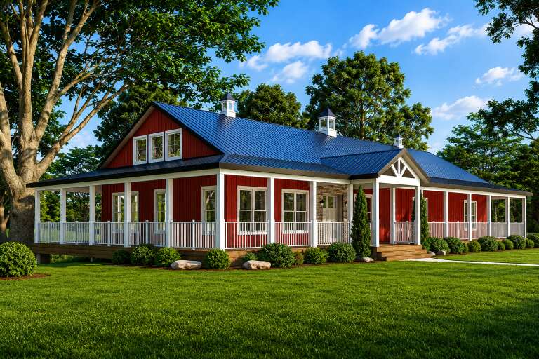 Red Barndominium, Angled Front Elevation, metal roof, cupolas, white wrap-around porch, stone accents, manicured lawn. House Plan # 3822-00025 Digital Rendering by America's Best House Plans, Inc.