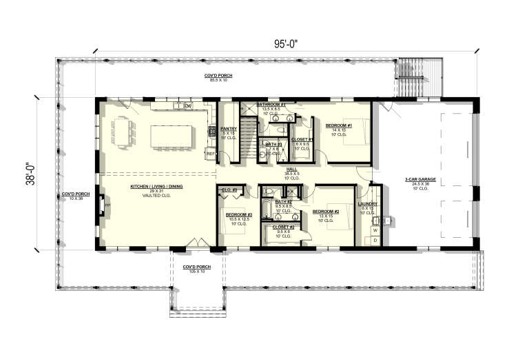 Main Floor: 3BR, 3BA, Vaulted Kitchen/Living/Dining, Pantry, Ldry, 3-car garage, 2 Cov'd Porches, FP. 10' clgs. Unheated: garage. House Plan # 3822-00025 Main Floor  Floor Plan Drawing by America's Best House Plans, Inc.