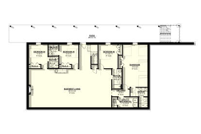 Basement: 3BR, Bunkroom, 4BA, Living, Utility/Ldry, 4 Closets, FP, Patio, Stairs. 9' ceilings. Unheated: Patio area. House Plan # 3822-00025 Basement Floor Plan Drawing by America's Best House Plans, Inc.