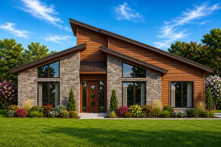 Brown Modern Front Elevation, wood siding, stone veneer, shed roof, large windows, lush landscaping, and concrete path. House Plan # 8318-00509 Digital Rendering by America's Best House Plans, Inc.