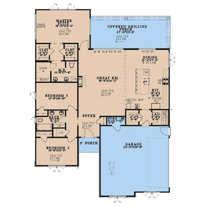 Main Floor: 3BR, 2BA, Great Rm, Kit, Dining, Pantry, Ldry, 2-car garage, Porch, Covered Grilling Porch. Vaulted ceilings. House Plan # 8318-00509 Main Floor  Floor Plan Drawing by America's Best House Plans, Inc.