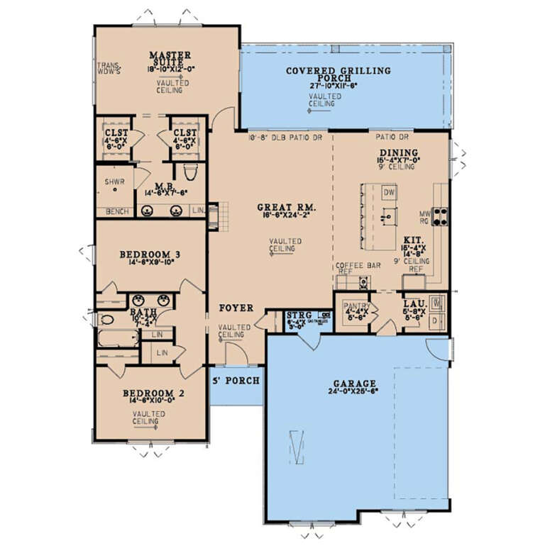Main Floor: 3BR, 2BA, Great Rm, Kit, Dining, Pantry, Ldry, 2-car garage, Porch, Covered Grilling Porch. Vaulted ceilings. House Plan # 8318-00509 Main Floor  Floor Plan Drawing by America's Best House Plans, Inc.