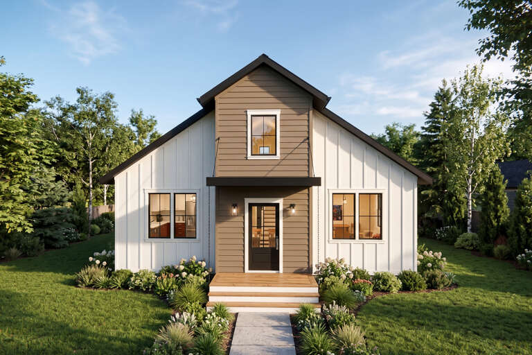 White and Tan Cottage, Front Elevation with board-and-batten siding, wood porch, black fixtures, and lush landscaping. House Plan # 5460-00021 Digital Rendering by America's Best House Plans, Inc.