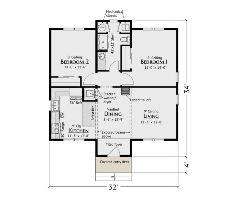 Main Floor: 2BR, 1BA, Kitchen, Vaulted Dining, Living, Foyer, Ldry, Ladder to loft, 9' ceilings, Covered entry deck. House Plan # 5460-00021 Main Floor  Floor Plan Drawing by America's Best House Plans, Inc.