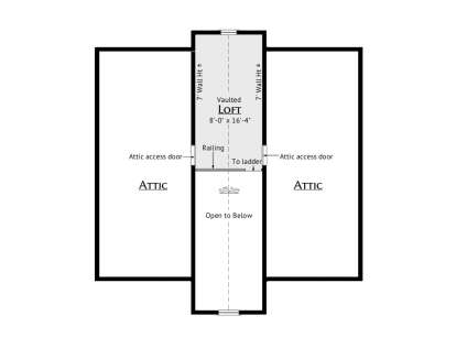 Loft level: Vaulted Loft, open to below, 2 attic storage areas with access doors, ladder access, railing. House Plan # 5460-00021 Loft Floor Plan Drawing by America's Best House Plans, Inc.