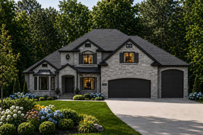 Grey French Country, Front Elevation with stone siding, dark shutters, arched garage, lit windows, and lush landscaping. House Plan # 8768-00235 Digital Rendering by America's Best House Plans, Inc.