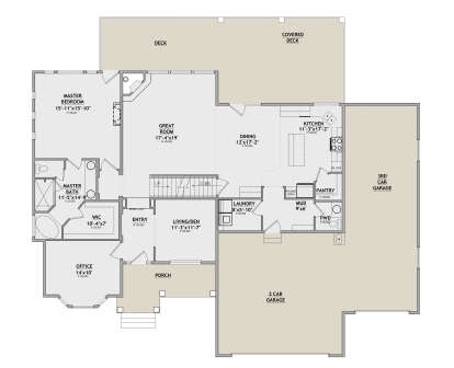 Main Floor: 1BR, 1.5BA, Great Room, Kitchen, Dining, Office, Pantry, Mud, Ldry, 3-car garage, Deck, Porch, WIC, Stairs. House Plan # 8768-00235 Main Floor  Floor Plan Drawing by America's Best House Plans, Inc.