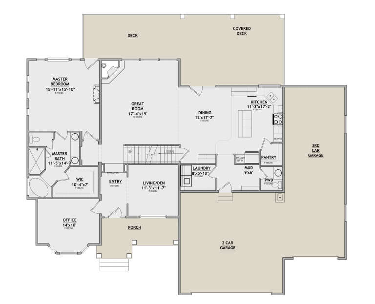Main Floor: 1BR, 1.5BA, Great Room, Kitchen, Dining, Office, Pantry, Mud, Ldry, 3-car garage, Deck, Porch, WIC, Stairs. House Plan # 8768-00235 Main Floor  Floor Plan Drawing by America's Best House Plans, Inc.