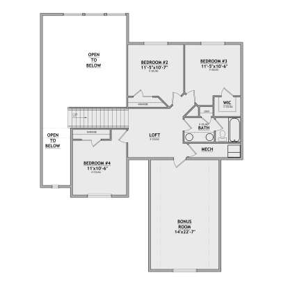 Second Floor: 3 BR, 1 BA, Loft, Bonus Room, WIC, Linen closet, Mech closet, Wardrobes, Stairs, Open to below area. House Plan # 8768-00235 Second Floor Floor Plan Drawing by America's Best House Plans, Inc.