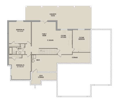 Basement: 2BR, 1BA, Family, Future Kitchen, Future BR, Mech, Cold Storage, Storage, 9' ceiling, Concrete Patio, Stairs. House Plan # 8768-00235 Basement Floor Plan Drawing by America's Best House Plans, Inc.