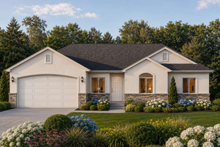 Cream Traditional Front Elevation, stucco siding, stone veneer base, arched garage, lantern lights, lush floral landscape. House Plan # 8768-00236 Digital Rendering by America's Best House Plans, Inc.