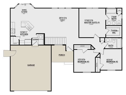 Main Floor: 3BR, 2BA, vaulted Kitchen/Dining/Family, Ldry, Pantry, WIC, 2-car garage, porch, stairs. Unheated: garage, porch. House Plan # 8768-00236 Main Floor  Floor Plan Drawing by America's Best House Plans, Inc.