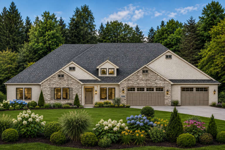 Beige Traditional Front Elevation, stone and brick siding, dark roof, lantern lighting, lush garden with hydrangeas. House Plan # 8768-00237 Digital Rendering by America's Best House Plans, Inc.