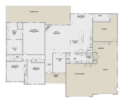 Main Floor: 3BR, 2.5BA, Vaulted Great Room/Entry, Den, Kitchen, Dining, Ldry, Mud, 3-car garage, Workshop, Covered Patio/Porch. House Plan # 8768-00237 Main Floor  Floor Plan Drawing by America's Best House Plans, Inc.