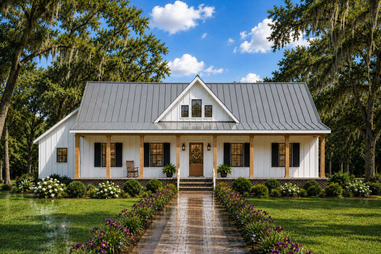 White Modern Farmhouse, Front Elevation, board-and-batten siding, metal roof, wood columns, brick base, floral landscaping. House Plan # 1776-00192 Digital Rendering by America's Best House Plans, Inc.