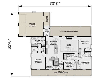 Main Floor: 4BR, 3BA, Great Room w/ gas FP & tray ceiling, Kitchen/Dining, Ldry, Mud, 2-car garage, 2 covered porches. House Plan # 1776-00192 Main Floor  Floor Plan Drawing by America's Best House Plans, Inc.