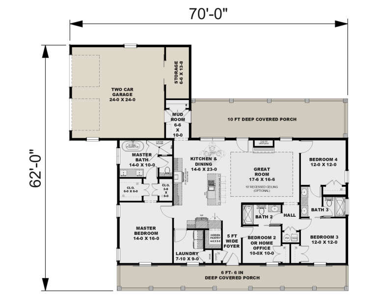 Main Floor: 4BR, 3BA, Great Room w/ gas FP & tray ceiling, Kitchen/Dining, Ldry, Mud, 2-car garage, 2 covered porches. House Plan # 1776-00192 Main Floor  Floor Plan Drawing by America's Best House Plans, Inc.