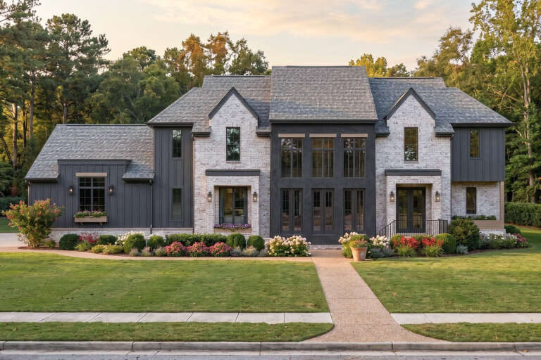 Grey Modern Transitional, Front Elevation, brick and vertical siding, wall sconces, lush landscaping, and stone walkway. House Plan # 963-01332 Digital Rendering by America's Best House Plans, Inc.