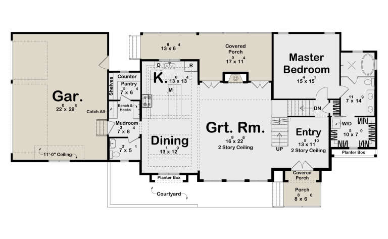 Main Floor: 1BR, 1.5BA, Grt Rm, Kitchen, Dining, Mudroom, Pantry, Ldry, 2-car garage, 2-story ceilings, 3 porches, fireplace. House Plan # 963-01332 Main Floor  Floor Plan Drawing by America's Best House Plans, Inc.