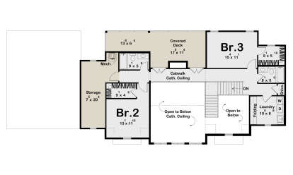 Second Floor: 2 BR, 2 BA, Ldry, WIC, Catwalk, Covered Deck, Storage, Mech. Cath. ceilings, Open to below. Unheated: Deck/Storage. House Plan # 963-01332 Second Floor Floor Plan Drawing by America's Best House Plans, Inc.