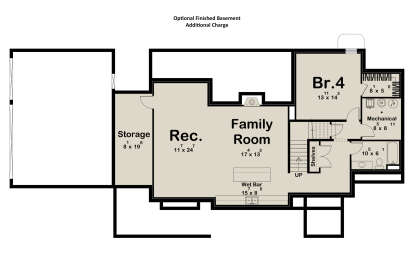 Basement: 1BR, 1BA, Rec room, Family room, Wet bar, Storage, Mechanical room, WIC, Stairs. Unheated: Storage area. House Plan # 963-01332 Basement Floor Plan Drawing by America's Best House Plans, Inc.