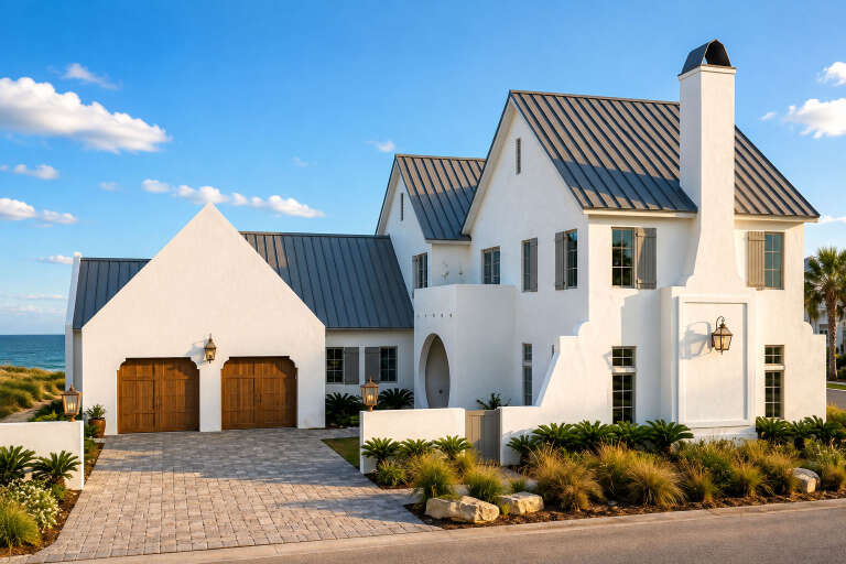White Mediterranean, Angled Front Elevation, stucco siding, metal roof, wooden garage doors, lanterns, coastal landscape. House Plan # 963-01333 Digital Rendering by America's Best House Plans, Inc.
