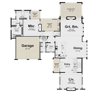 Main Floor: 1BR, 1.5BA, Grt Rm, Liv, Kitchen, Dining, Pantry, Mudroom, 2-car garage, 3 Patios/Porches, 11' & 2-story ceilings. House Plan # 963-01333 Main Floor  Floor Plan Drawing by America's Best House Plans, Inc.