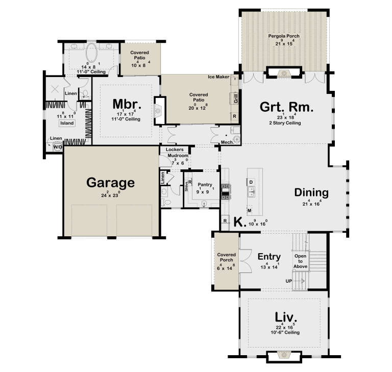 Main Floor: 1BR, 1.5BA, Grt Rm, Liv, Kitchen, Dining, Pantry, Mudroom, 2-car garage, 3 Patios/Porches, 11' & 2-story ceilings. House Plan # 963-01333 Main Floor  Floor Plan Drawing by America's Best House Plans, Inc.