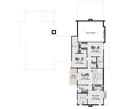 Second Floor: 3BR, 2BA, Loft, Ldry, Deck, Balcony, Stairs, WIC, Linen/Mech closets, 10' ceilings, Open to Below. House Plan # 963-01333 Second Floor Floor Plan Drawing by America's Best House Plans, Inc.