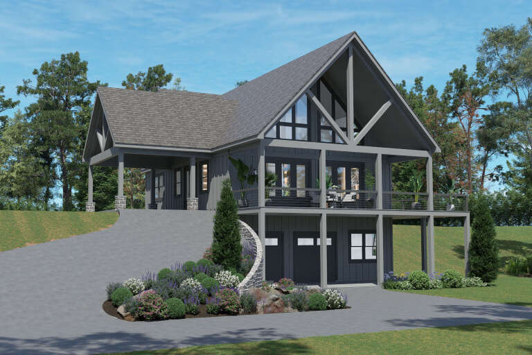 Grey Craftsman, Angled Right Elevation, board-and-batten siding, stone accents, wrap-around deck, and lush landscaping. House Plan # 940-01479 Digital Rendering by America's Best House Plans, Inc.