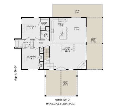 Main Floor: 2BR, 1.5BA, Vaulted Great Room, Kitchen, Dining, Stairs, Vaulted Porch, 2 Decks. Unheated: Porch/Decks. House Plan # 940-01479 Main Floor  Floor Plan Drawing by America's Best House Plans, Inc.