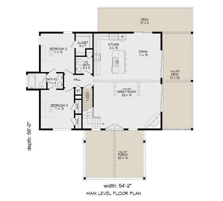 Main Floor: 2BR, 1.5BA, Vaulted Great Room, Kitchen, Dining, Stairs, Vaulted Porch, 2 Decks. Unheated: Porch/Decks. House Plan # 940-01479 Main Floor  Floor Plan Drawing by America's Best House Plans, Inc.