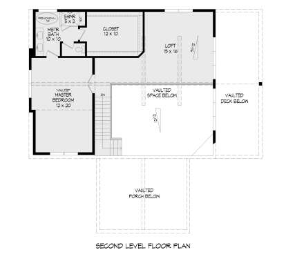 Second Floor: 1BR, 1BA, Loft, WIC, stairs. Vaulted Master BR. Unheated: deck/porch below. House Plan # 940-01479 Second Floor Floor Plan Drawing by America's Best House Plans, Inc.