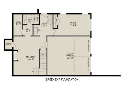Basement: 1BA, Rec Room, Bonus, Ldry, Mech, 2-car garage, stairs, storage, dog wash. Unheated: garage and storage areas. House Plan # 940-01479 Basement Floor Plan Drawing by America's Best House Plans, Inc.