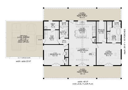 Main Floor: 2BR, 2BA, Vaulted Great Rm & Kitchen, Wood Stove, WIC, Mud Rm, Mech Rm. 2-car garage, 2 sloped covered porches. House Plan # 940-01480 Main Floor  Floor Plan Drawing by America's Best House Plans, Inc.