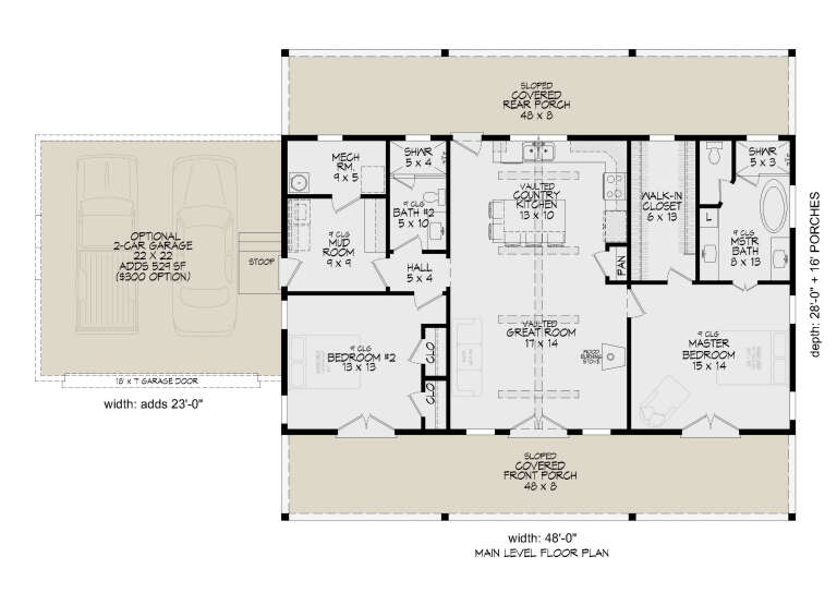 Main Floor: 2BR, 2BA, Vaulted Great Rm & Kitchen, Wood Stove, WIC, Mud Rm, Mech Rm. 2-car garage, 2 sloped covered porches. House Plan # 940-01480 Main Floor  Floor Plan Drawing by America's Best House Plans, Inc.