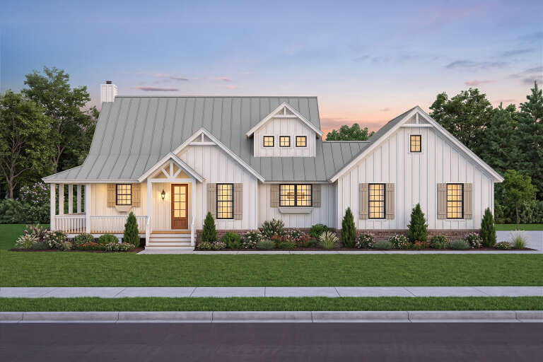 White Modern Farmhouse, Front Elevation, board-and-batten siding, metal roof, brick base, shutters, and lush landscaping. House Plan # 940-01481 Digital Rendering by America's Best House Plans, Inc.