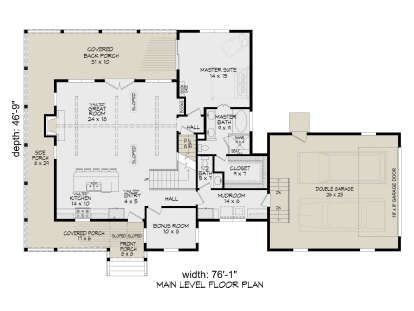 Main Floor: 1BR, 1.5BA, Vaulted Great Rm/Kitchen, Bonus Rm, Mudroom, 2-car garage, 3 porches, stairs. Unheated: garage/porches. House Plan # 940-01481 Main Floor  Floor Plan Drawing by America's Best House Plans, Inc.
