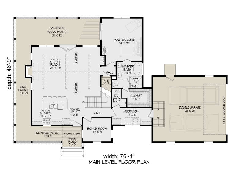 Main Floor: 1BR, 1.5BA, Vaulted Great Rm/Kitchen, Bonus Rm, Mudroom, 2-car garage, 3 porches, stairs. Unheated: garage/porches. House Plan # 940-01481 Main Floor  Floor Plan Drawing by America's Best House Plans, Inc.