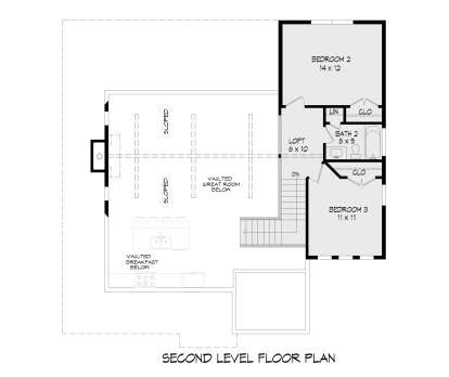 Second Floor: 2 BR, 1 BA, Loft, stairs, closets, linen closet. Overlooks vaulted great room and breakfast area below. House Plan # 940-01481 Second Floor Floor Plan Drawing by America's Best House Plans, Inc.